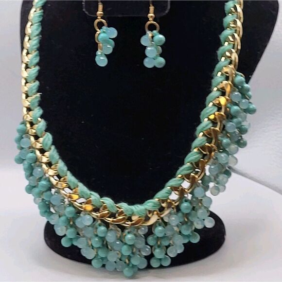 Demi Parure Necklace Earring Turquoise Blue Cluster with Chain Woven Thread Neck - Picture 5 of 5